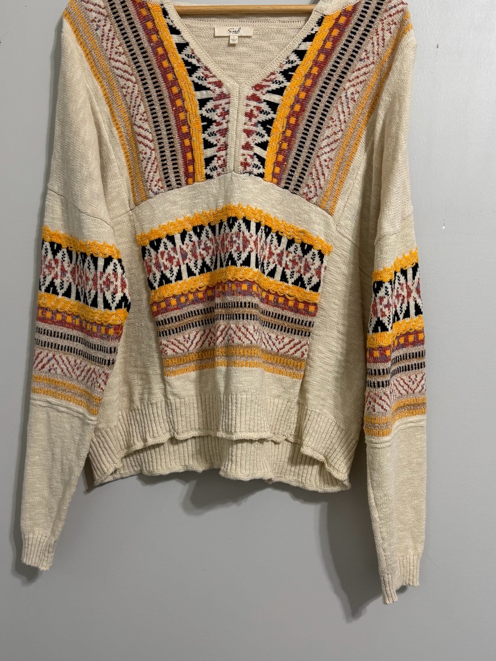 easel V-Neck Fair Isle Sweater in Cream, Brown, Yellow
